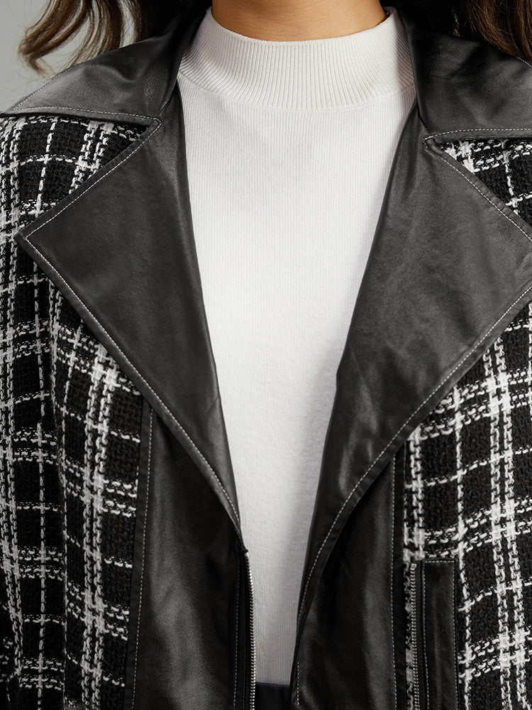 Plaid PU Patchwork Zipper Fly Jacket