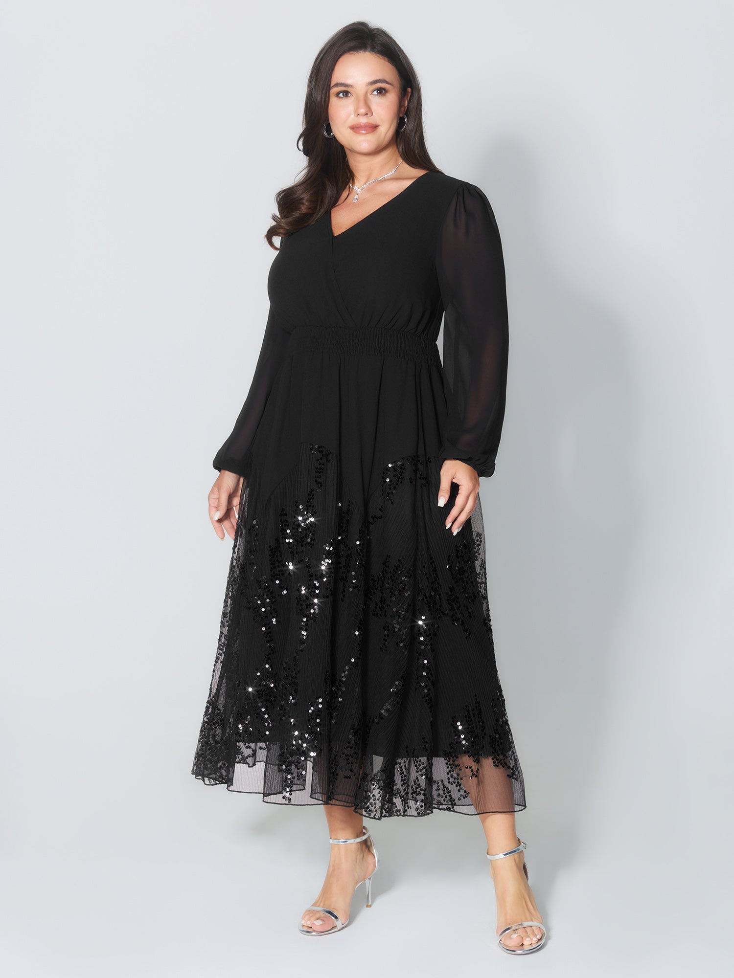 Sequin Mesh Asymmetrical Hem Maxi Dress