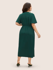 Solid Pleated Ruffle Sleeve Wrap Hem Dress