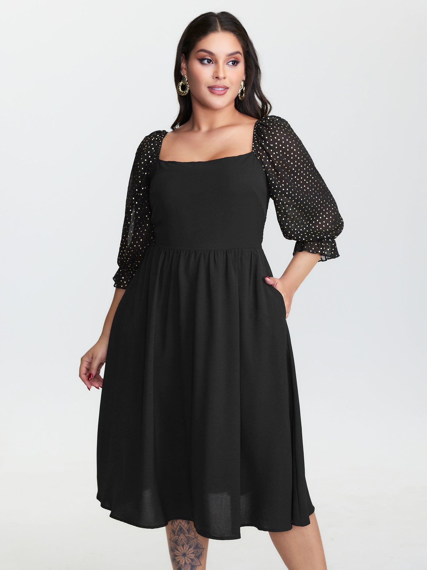 Sheer Sleeve Shirred Stretchy Waist Midi Dress