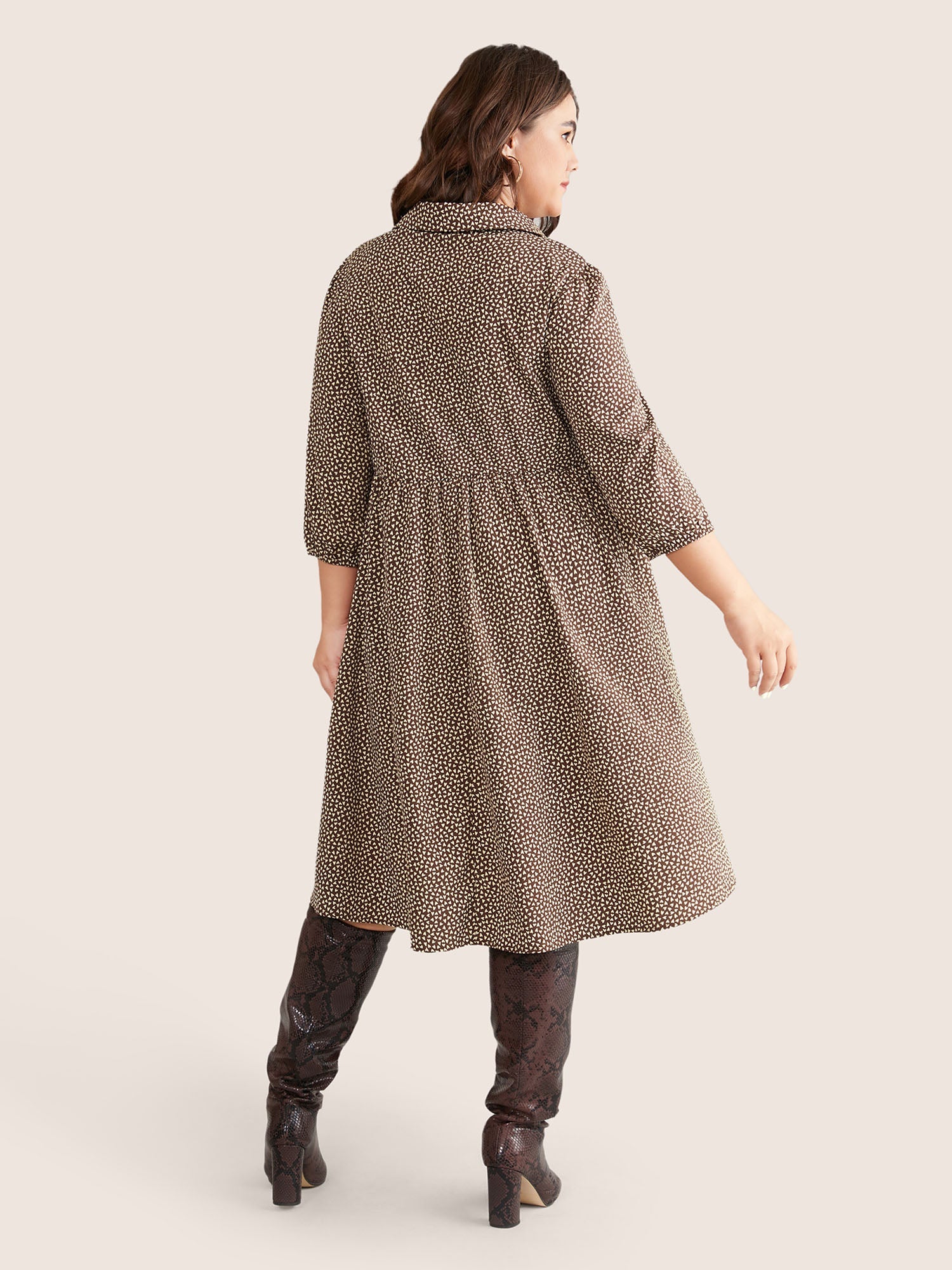 Heart Print Lapel Collar Button Detail Knee Dress