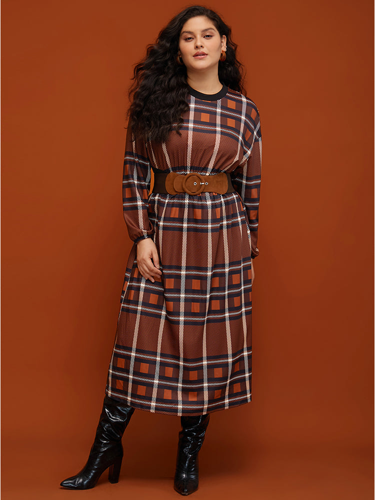 Plaid Patchwork Round Neck Lantern Sleeve Pocket Midi Dress