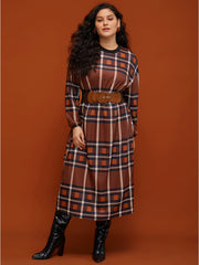 Plaid Patchwork Round Neck Lantern Sleeve Pocket Midi Dress