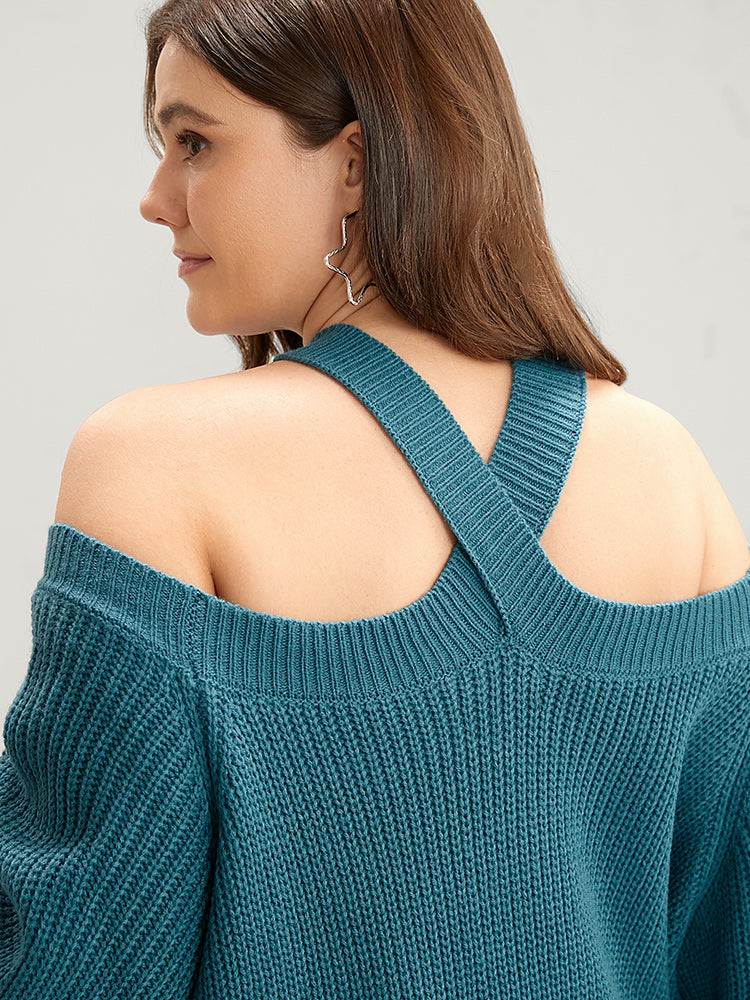 Solid Pointelle Knit Lantern Sleeve Cold Shoulder Knit Top
