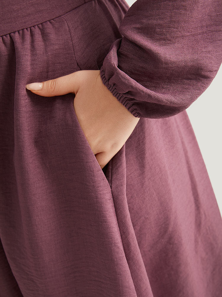 Twill Gathered Button Detail Lantern Sleeve Dress