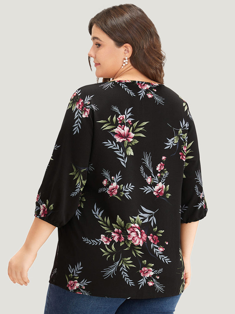 Floral Print Lace Up Lantern Sleeve Blouse