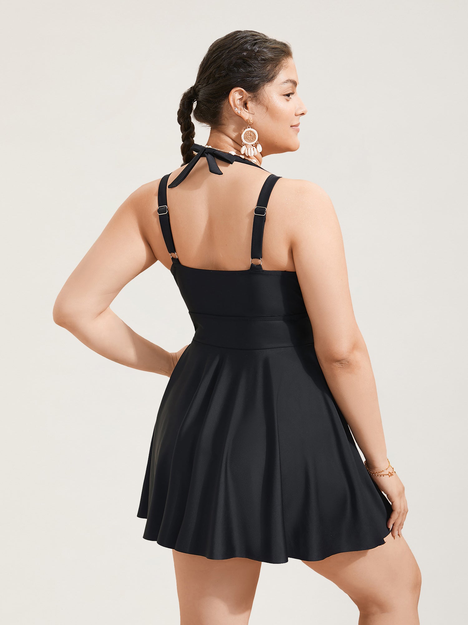 Solid Ruffle Hem Empire Waist Halter Neck Swim Dress