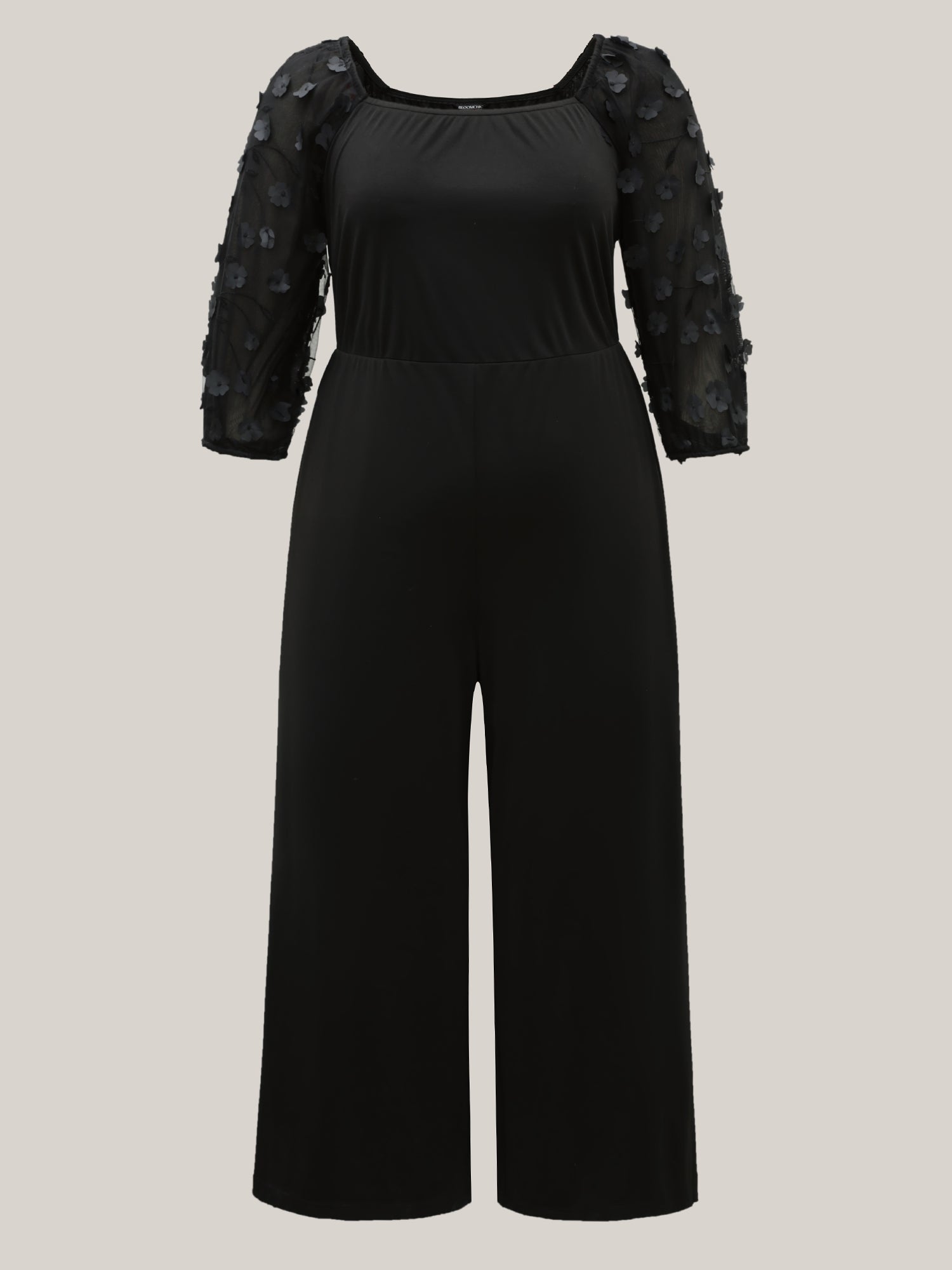 Floral Mesh Sleeve Pockets Straight-Leg Jumpsuit