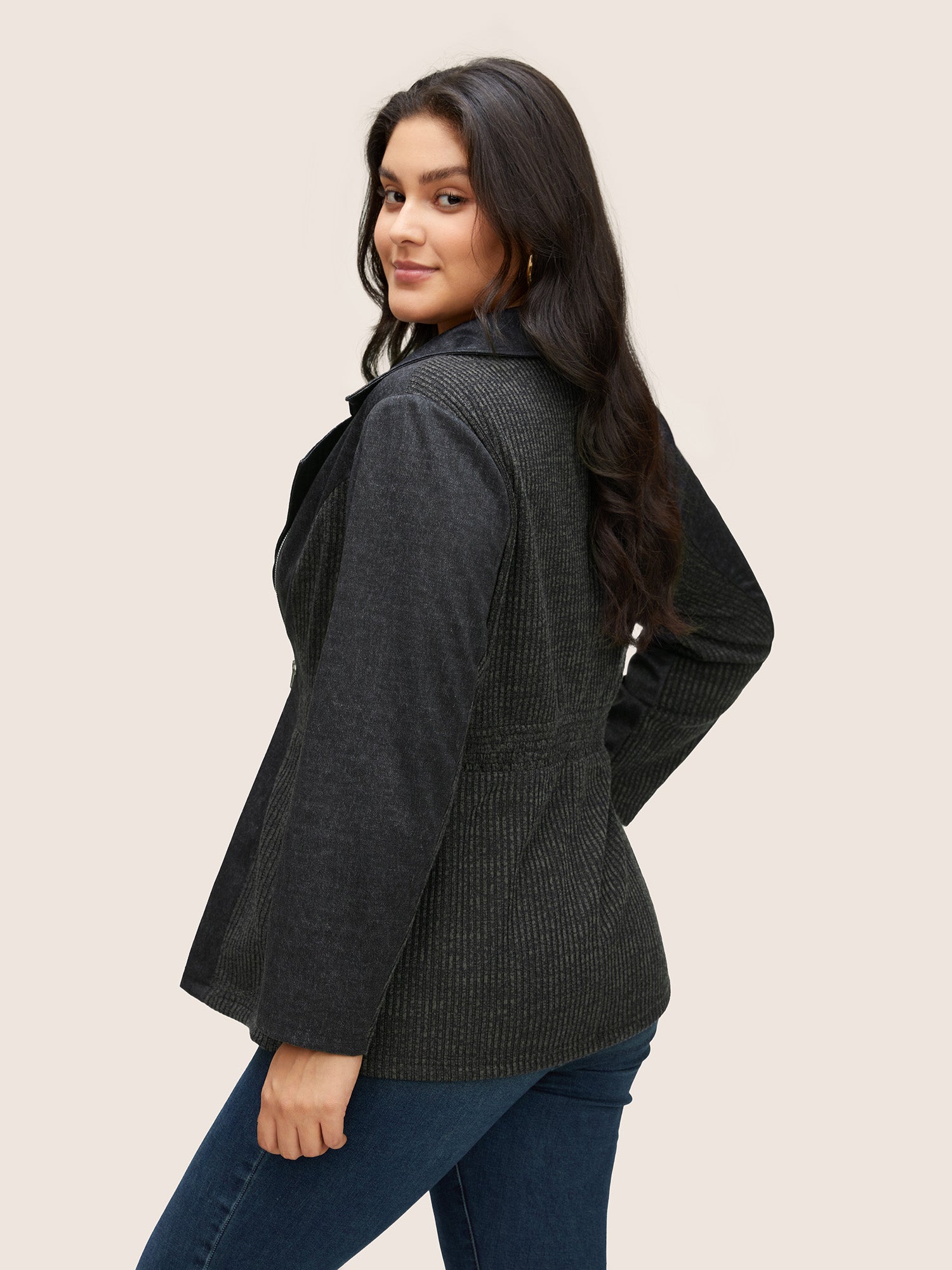 Texture Patchwork Rib Knit Zipper Jacket