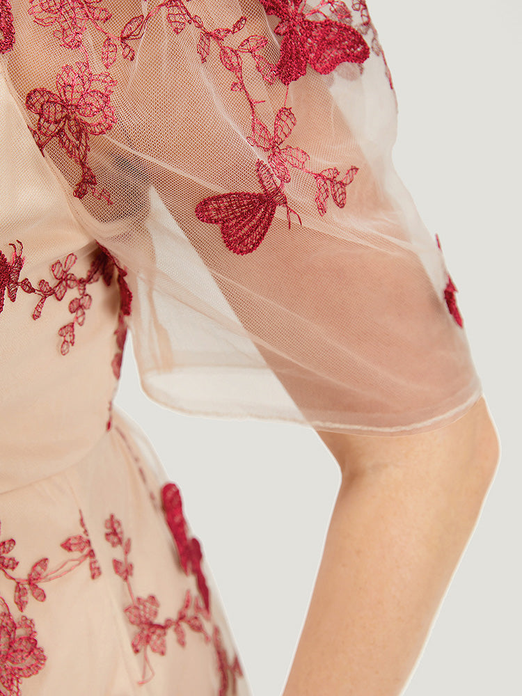 Silhouette Floral Print Mesh Puff Sleeve Dress