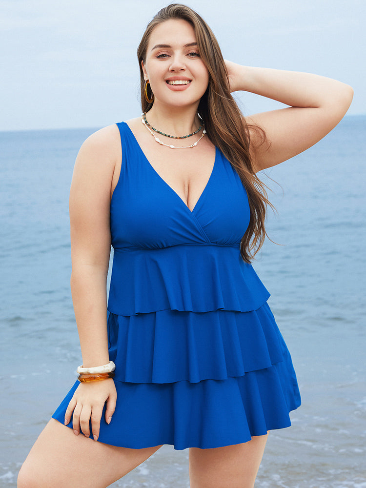 Adjustable Straps Wrap Sculpt Waist Ruffle Tiered Swim Dress