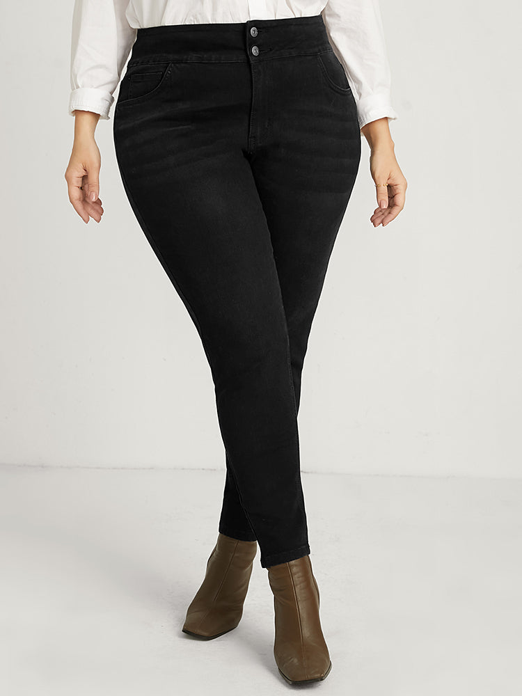 Skinny Slightly Stretchy High Rise Black Wash Double Button Jeans