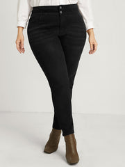 Skinny Slightly Stretchy High Rise Black Wash Double Button Jeans