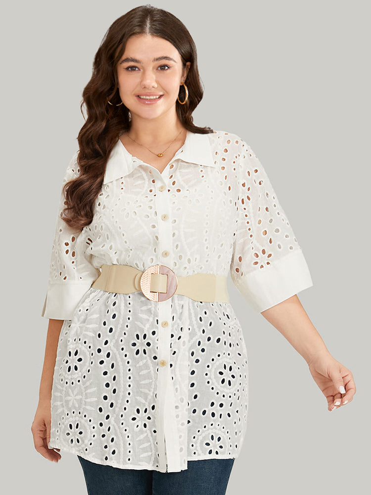 Plain Shirt Collar Broderie Anglaise Open Front Kimono