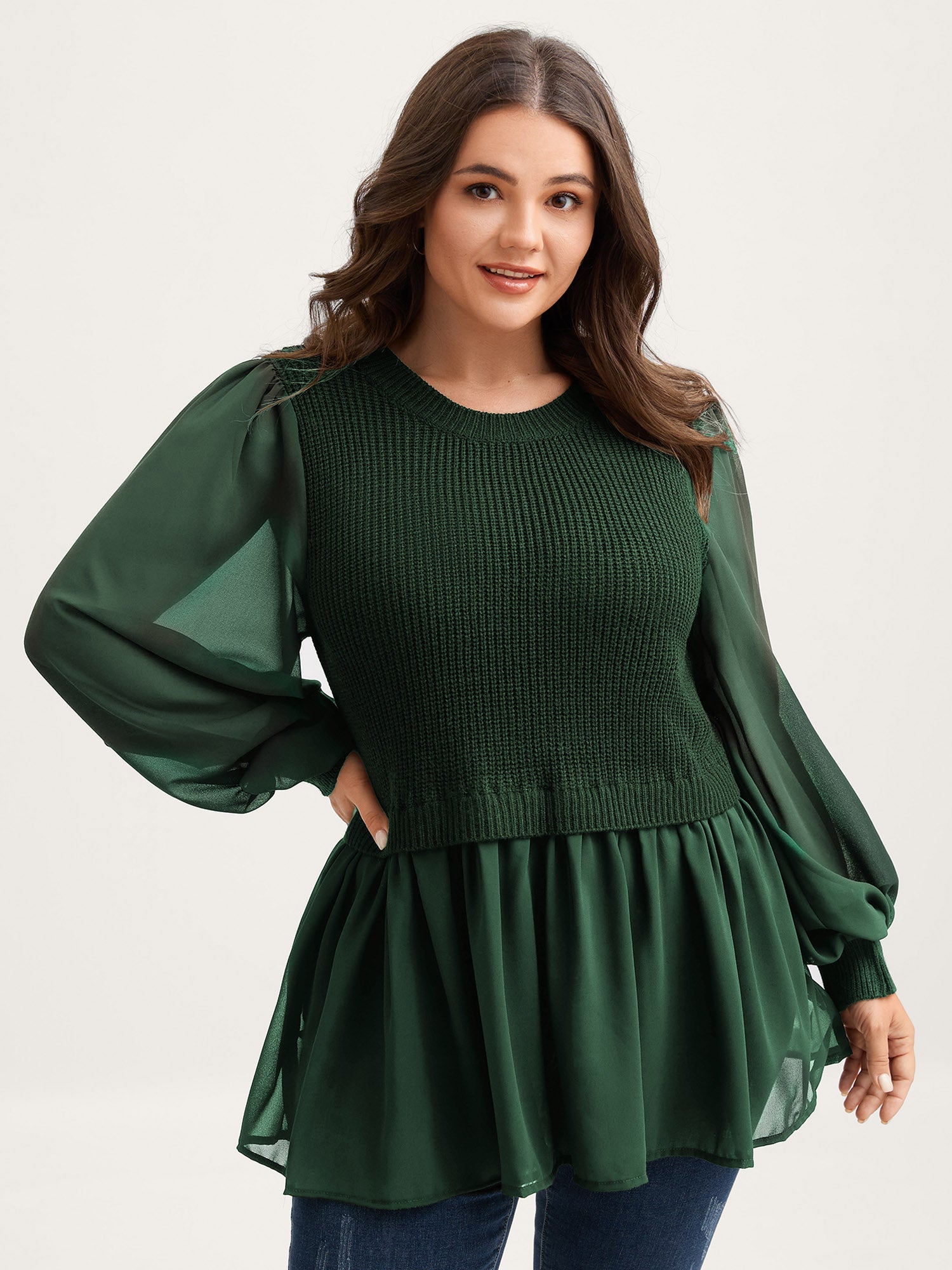 Balloon Sleeve Solid Twofer Sweater