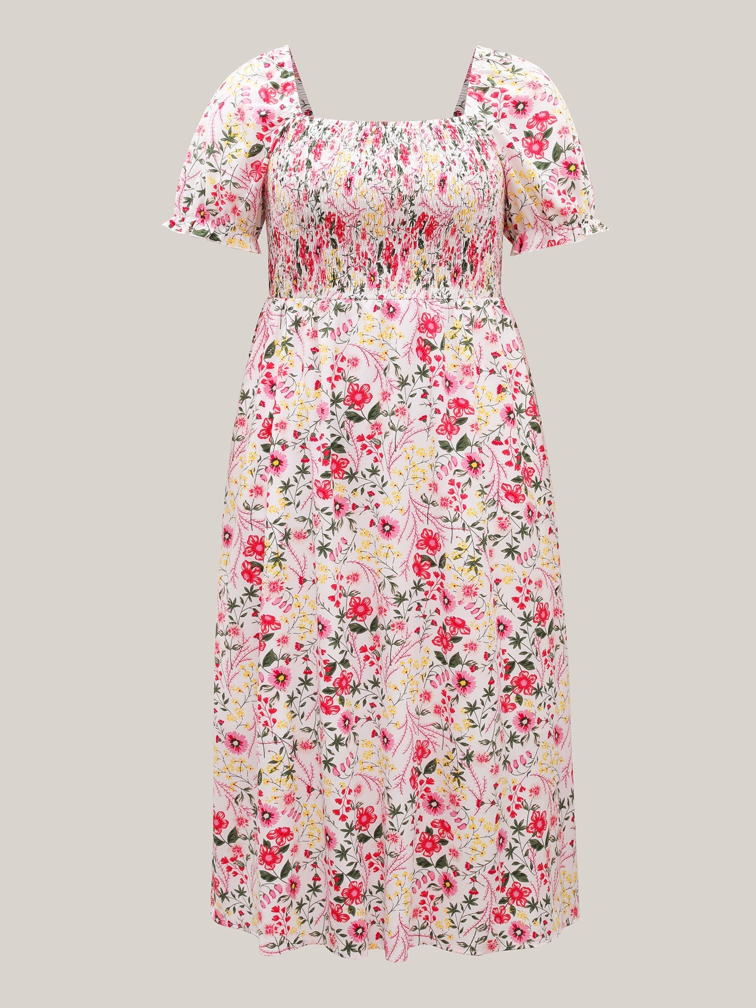 Shirred Floral Print Pockets Maxi Dress