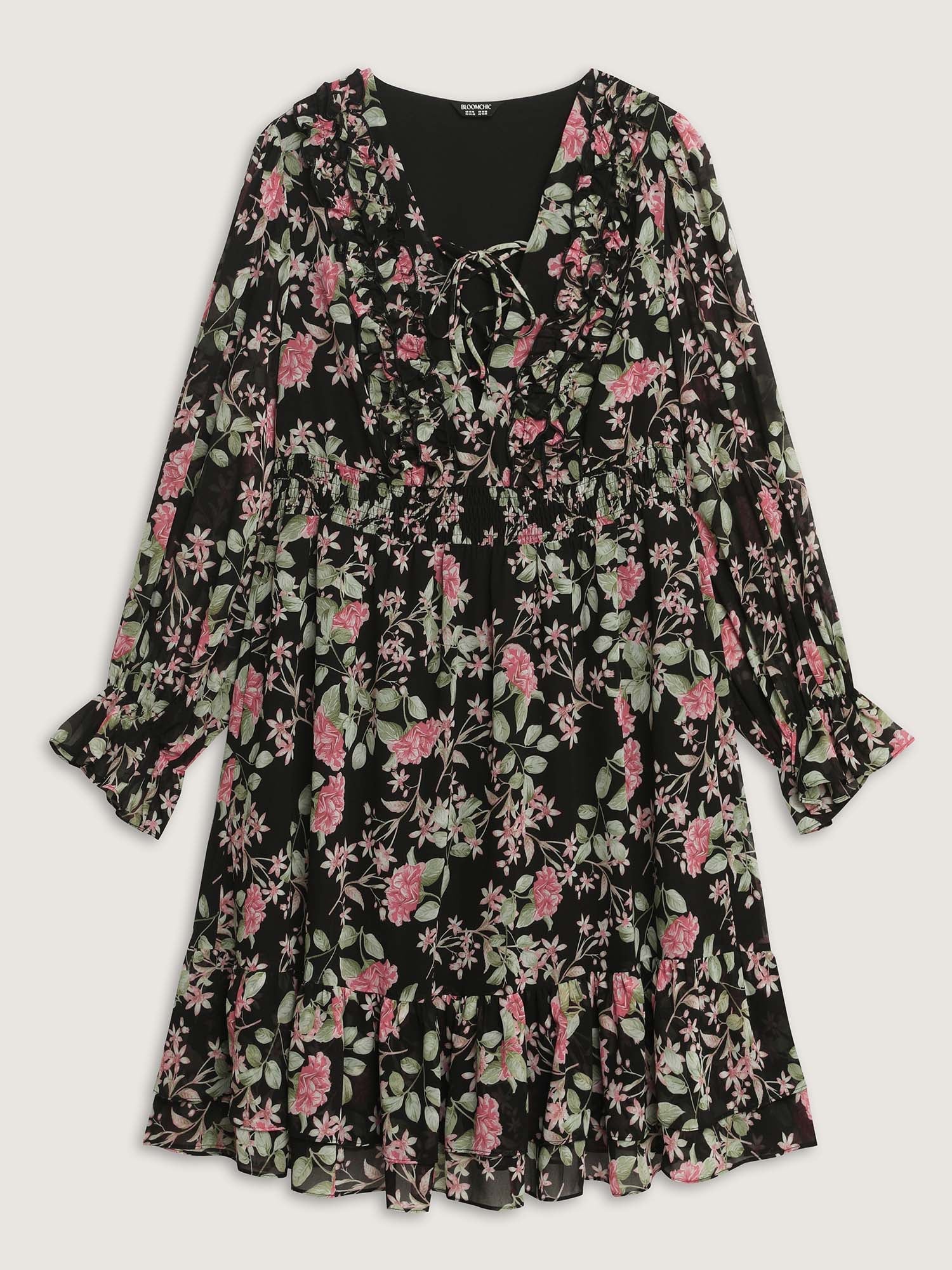 Floral Pockets Adjustable Shirred Midi Dress