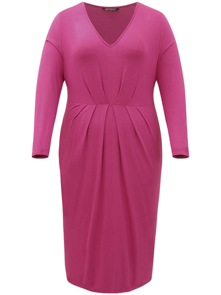 Solid Pocket V Neck Plicated Detail Dress