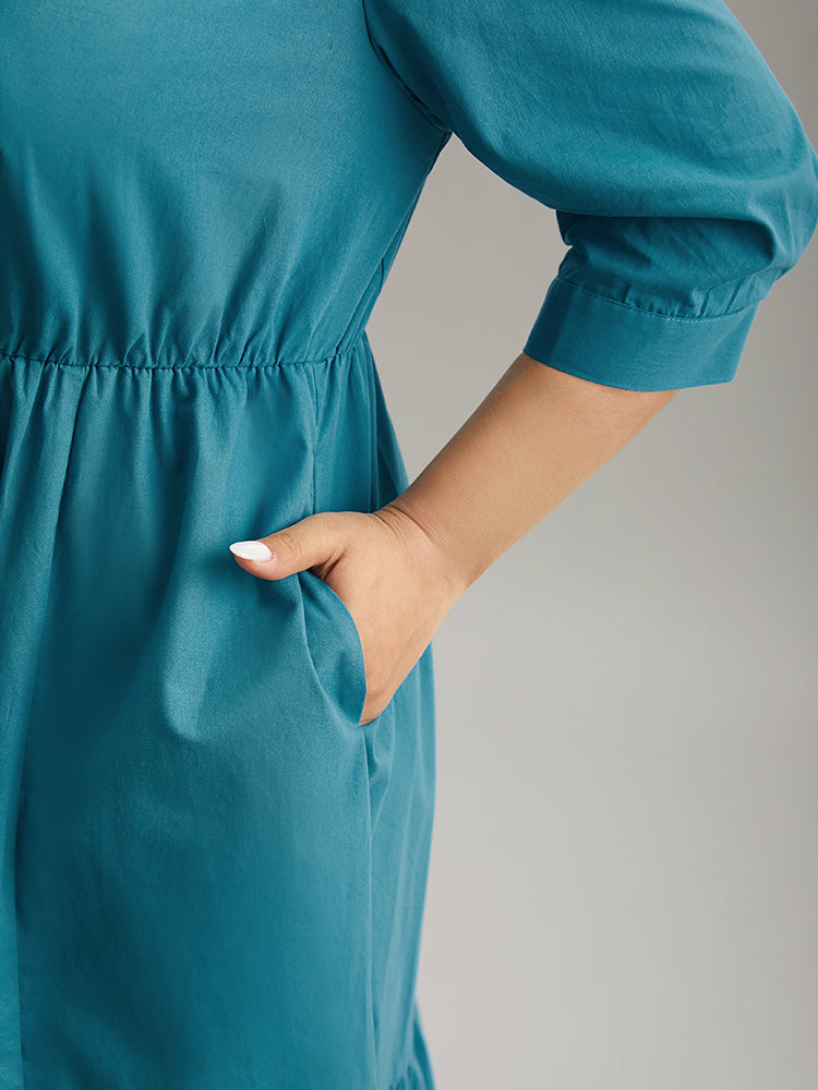 Solid Button Up Ruffles Pocket Gathered Dress