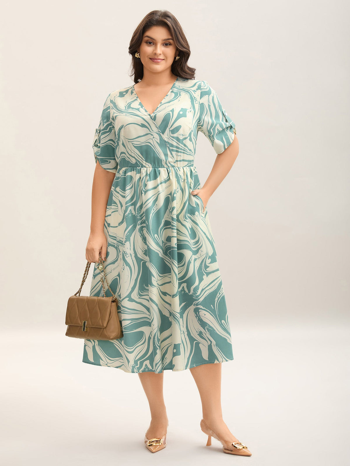 Abstract Print Gathered Sleeve Midi Dress