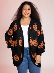 Haunted Pumpkin Print Curvy Hem Knit Cardigan