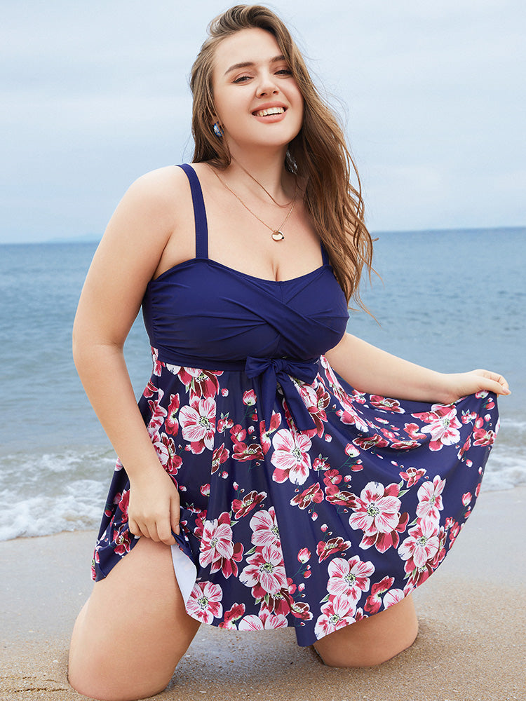 Floral Print Knotted Twist Front  A Line Swim Dress