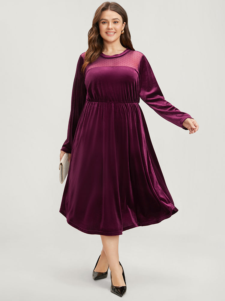 Solid Mesh Patchwork Pocket Velvet Arc Hem Dress