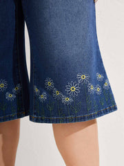 Floral Embroidered Elastic Waist Cropped Jeans