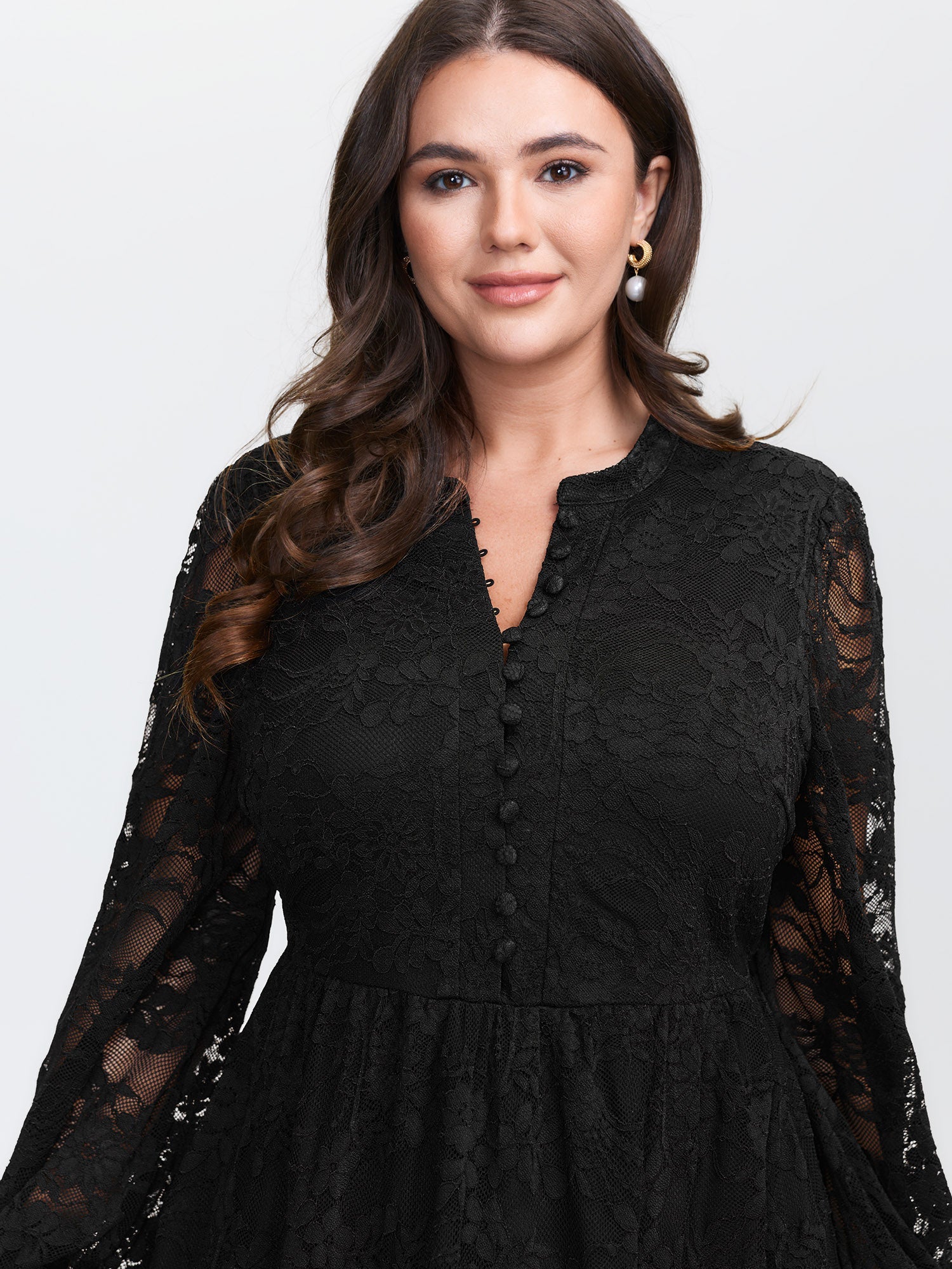 Sheer Lace Sleeve Waist-Defining Midi Dress