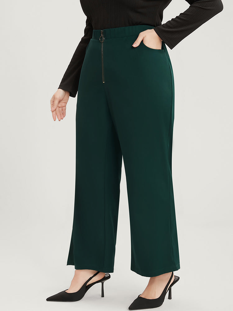 Solid O Ring Zipper Pocket Elastic Waist Wide Leg Pants