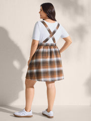 Plaid Print Overall Straps Shirred Mini Dress