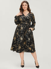 Floral Pocket Lantern Sleeve Belted Surplice Neck Dress