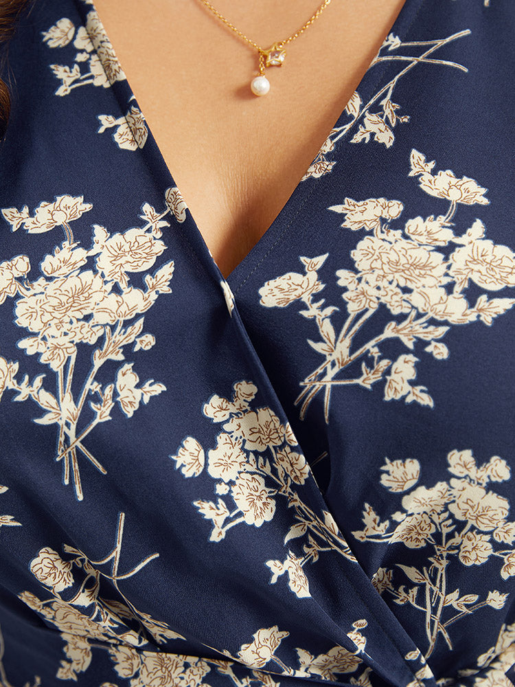 Floral Print Bell Sleeve Pocket Belted Jumpsuit