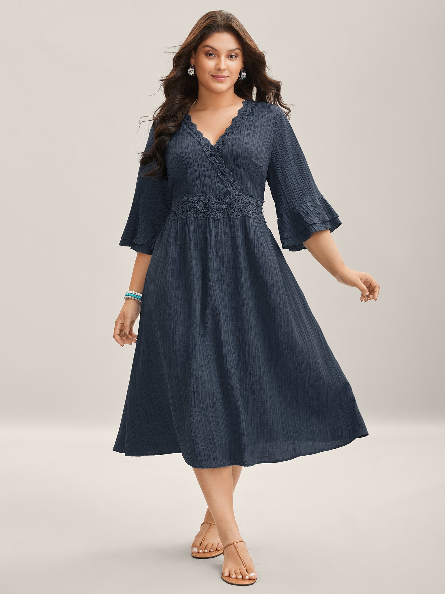 Scalloped Lace Surplice Ruffled Midi Dress