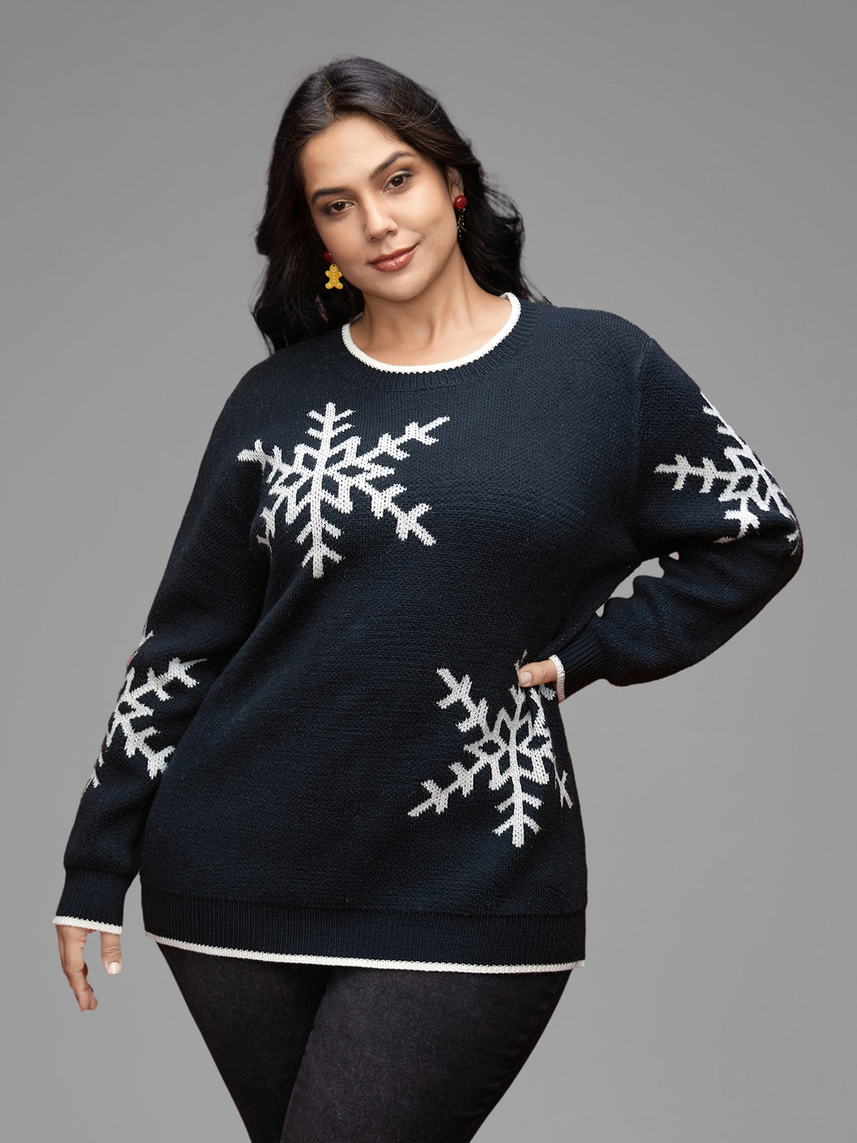 Snowflakes Pattern Contrasting Hem Pullover