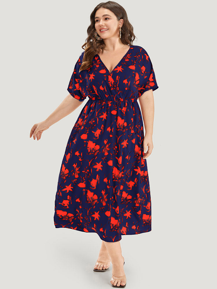 Silhouette Floral Print Surplice Neck Elastic Waist Dress