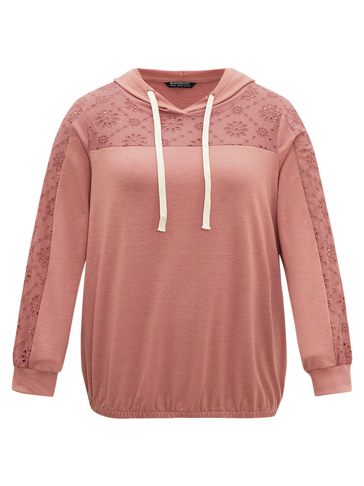 Solid Hooded Drawstring Broderie Anglaise Sweatshirt