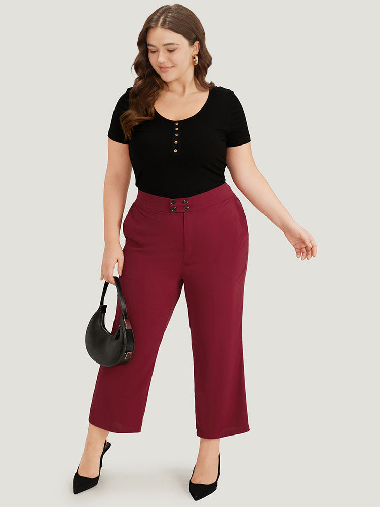 Solid Button Detail Slant Pocket High Rise Pants