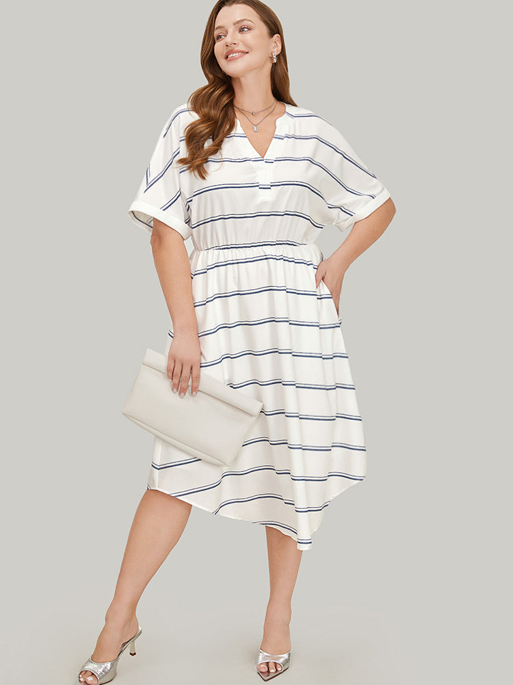 Striped Notched Neck Pocket Roll Batwing Sleeve Dress