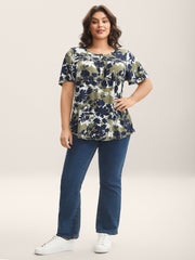 Silhouette Flower Button Placket Jersey Top