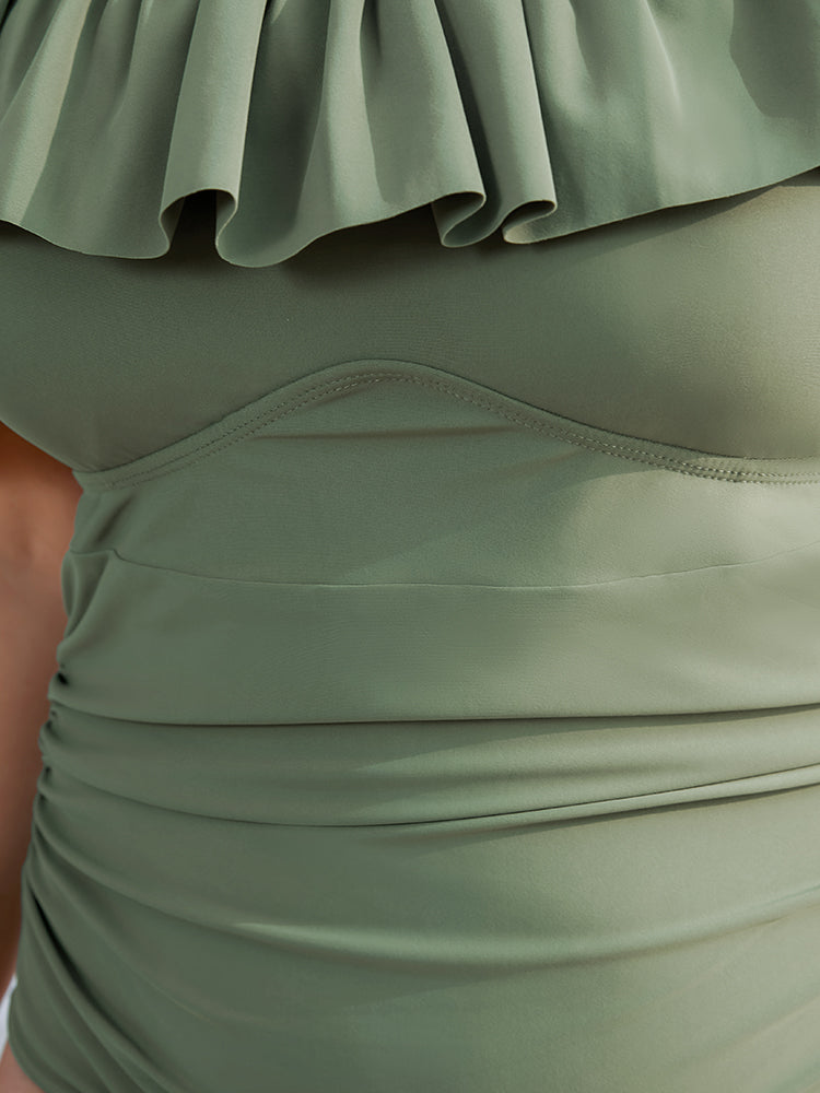 Ruffles Trim Sculpt Waist Cold Shoulder One Piece Swimsuit