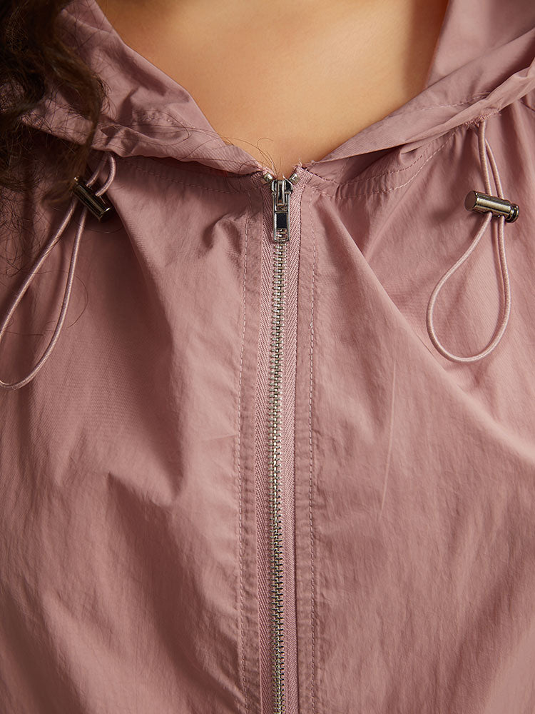 Plain Hooded Pocket Zipper Fly Drawstring Jacket