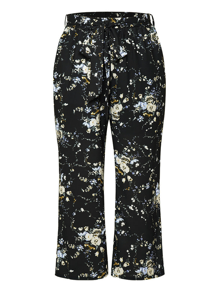 Floral Print Pocket Belted Pants