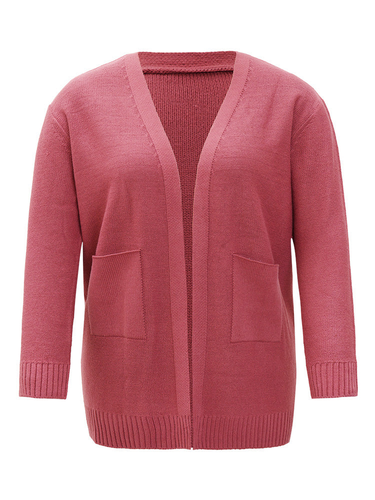 Solid Patched Pocket Open Front Long Sleeve Cardigan