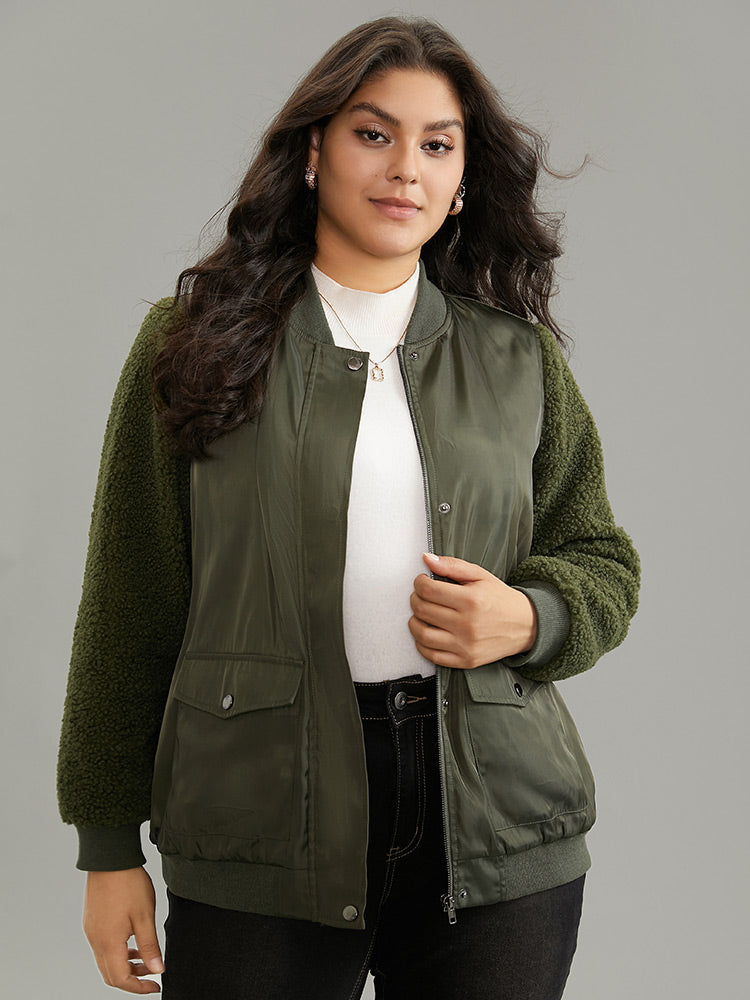 Plain Fuzzy Patchwork Zipper Flap Pocket Jacket