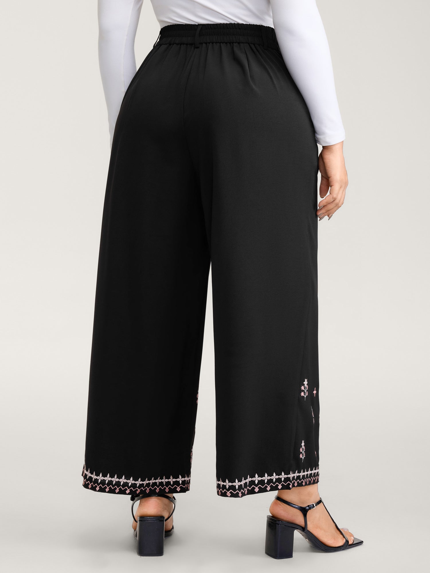 Floral Embroidered Hem Wide-Leg Pants