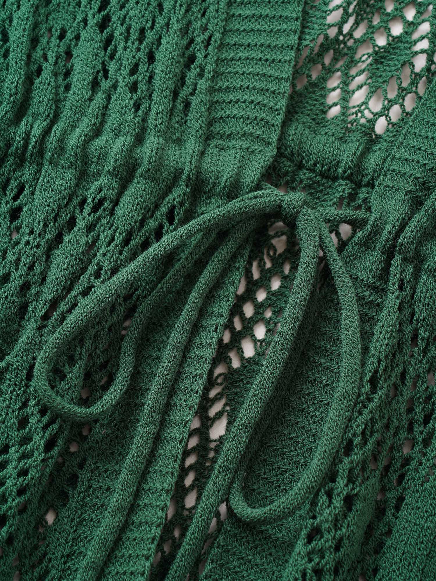 Solid Drawstring Pocket Hollow Out Cardigan