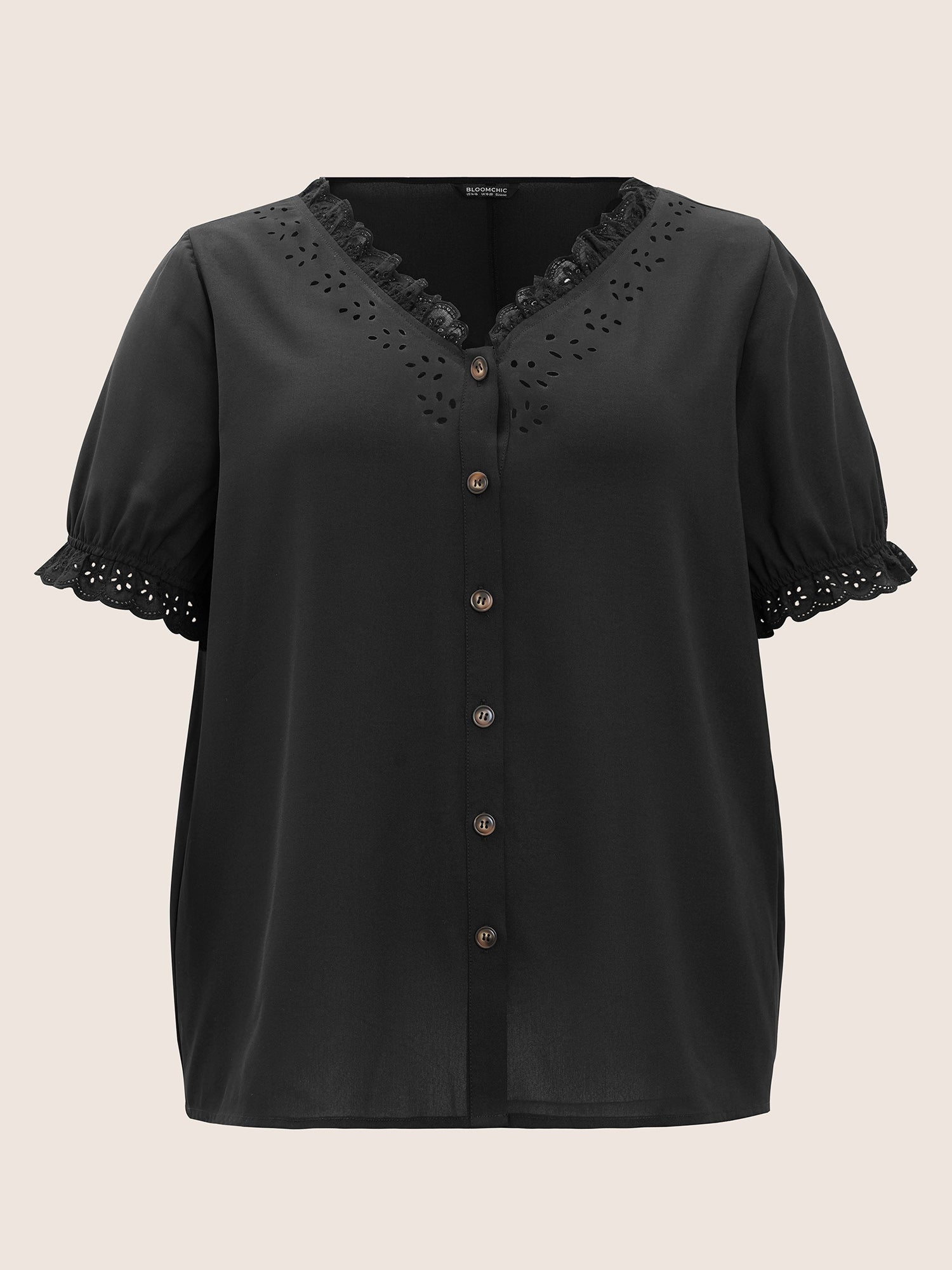 Solid Lace Trim Button Up Laser Cut Puff Sleeve Blouse