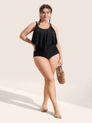 Solid Ruffle Trim Laser Cut Swim Top