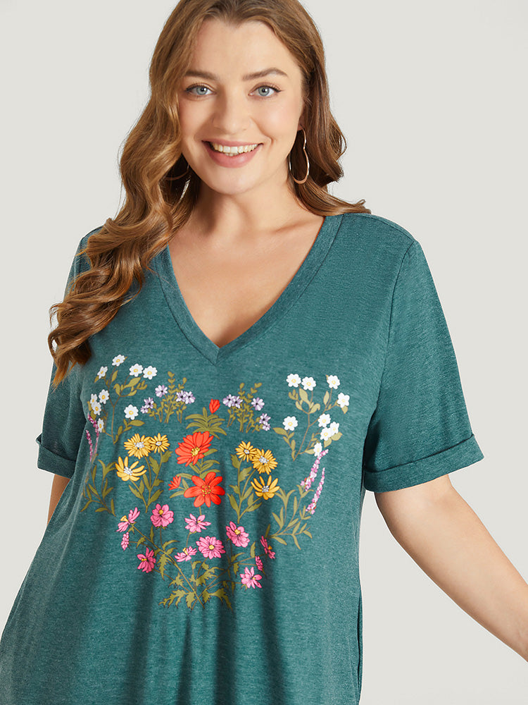 Floral Print Roll Sleeve Pocket V Neck Dress